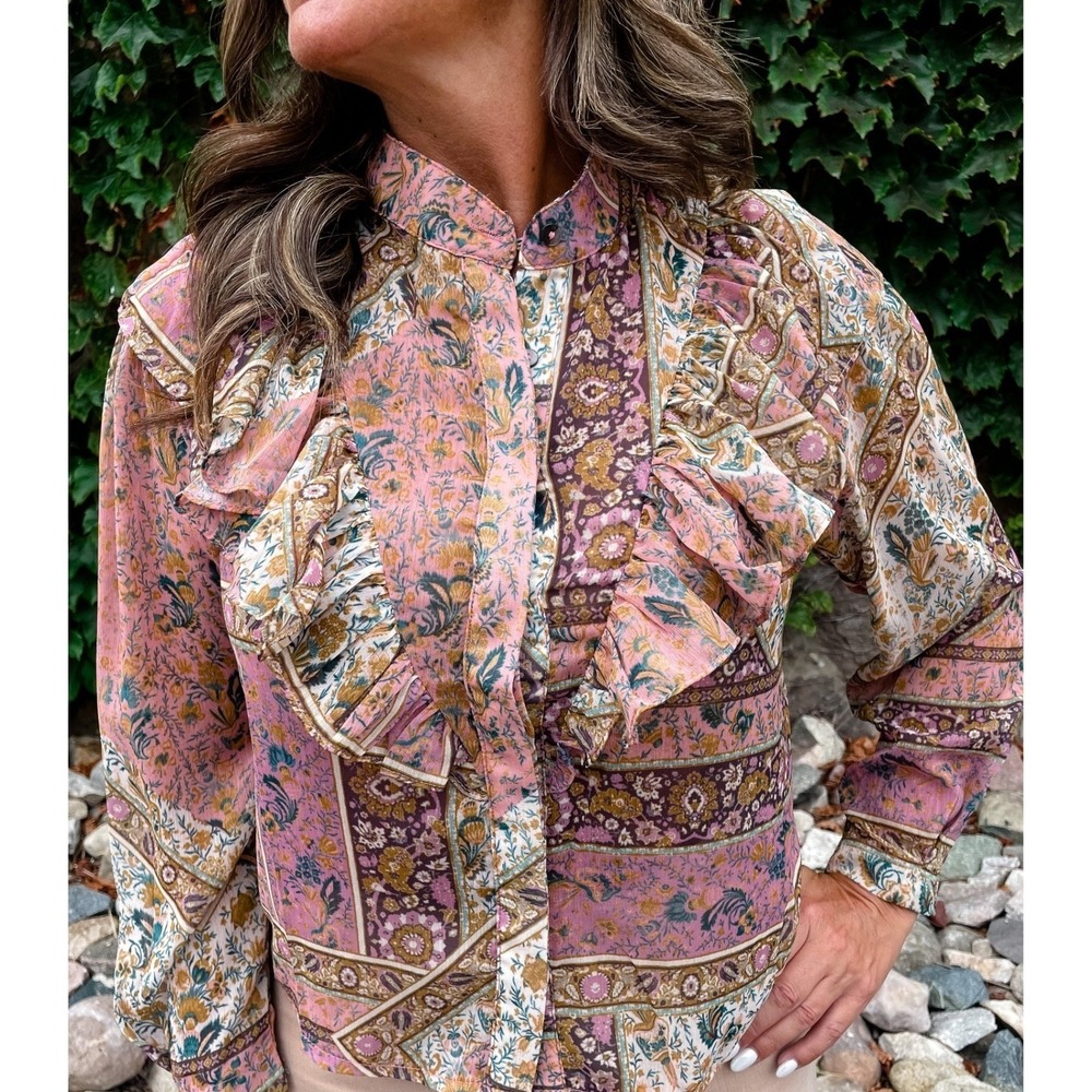 Bohemian Patchwork Blouse • Size L •‎ Pink Multi • Floral Ruffle Peasant Top NEW
